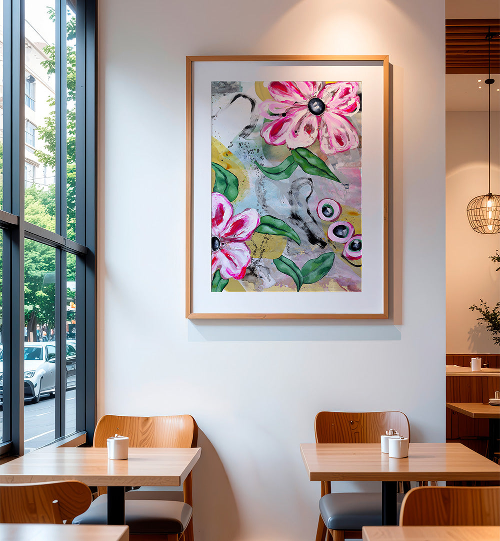 VIBRANT PINK FLOWERS AND GREEN LEAVES , FLORAL FLOWER PAINTINGS