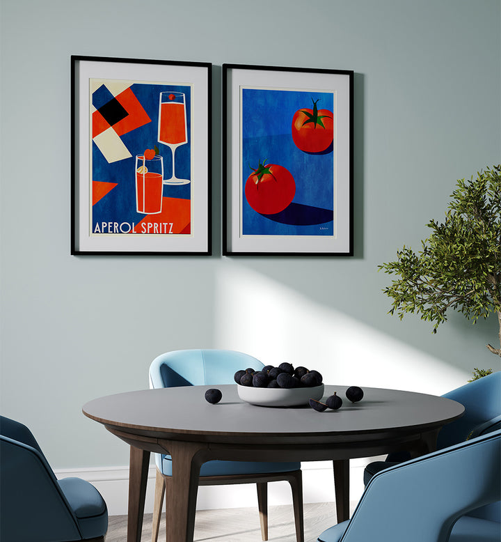 Modern dining room with framed artwork on the wall