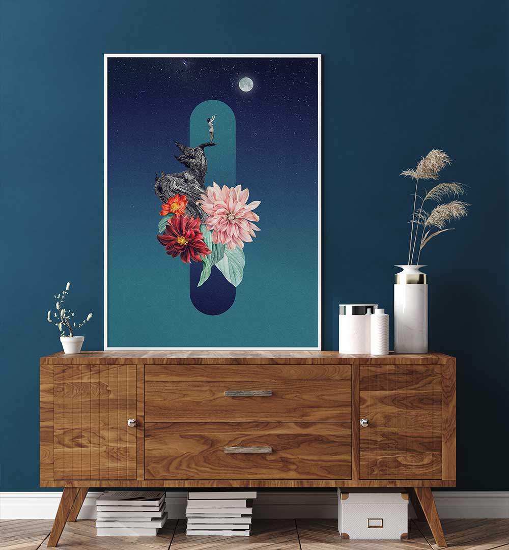 Surreal art print featuring a full moon, vibrant flowers, and whimsical elements for a captivating decor piece.