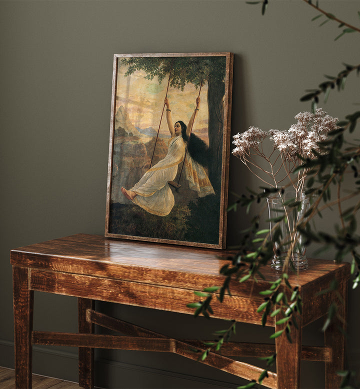 MOHINI ON A SWING , INDIAN ART PAINTINGS