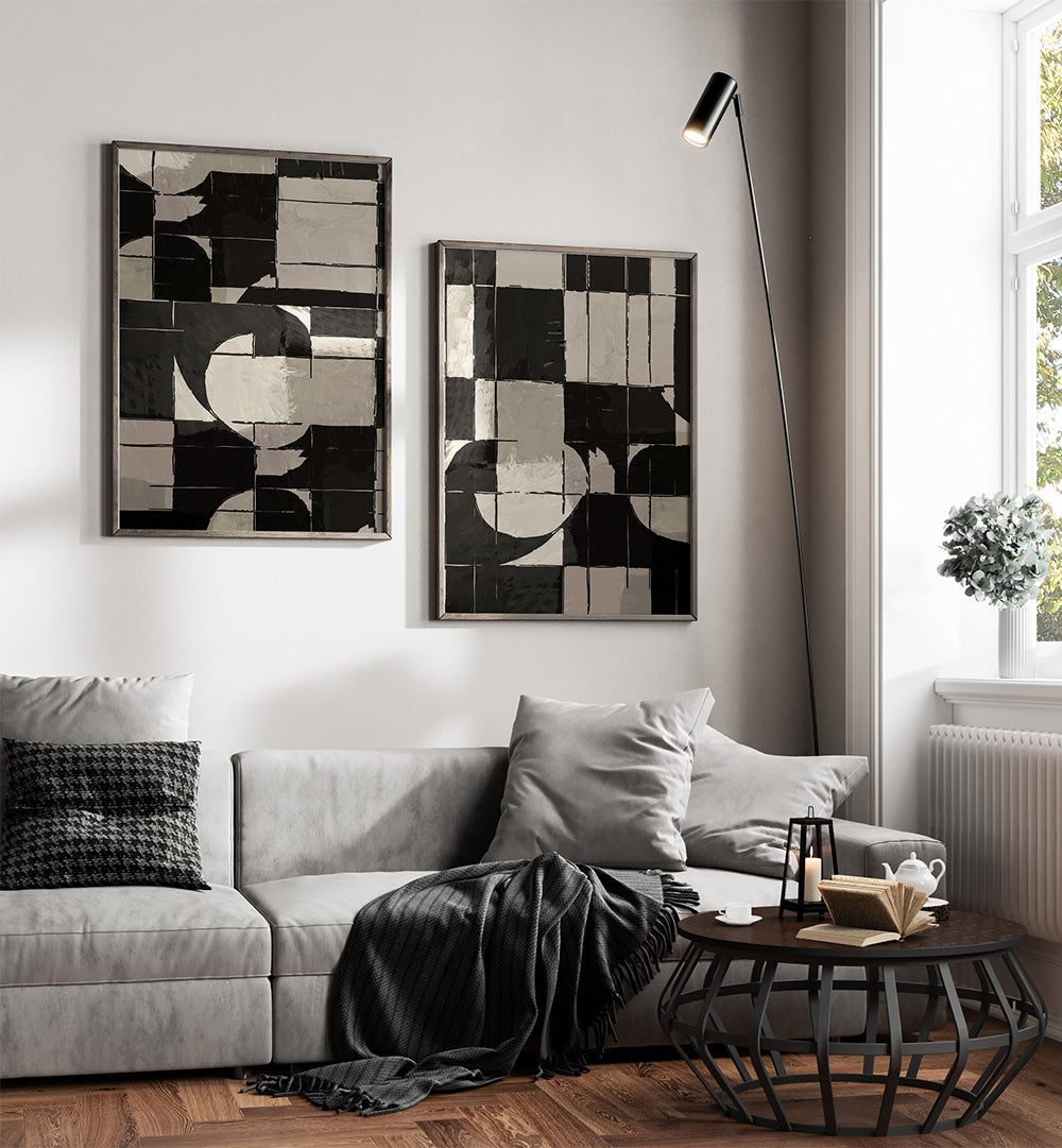 Modern living room with abstract art, gray sofa, and coffee table.