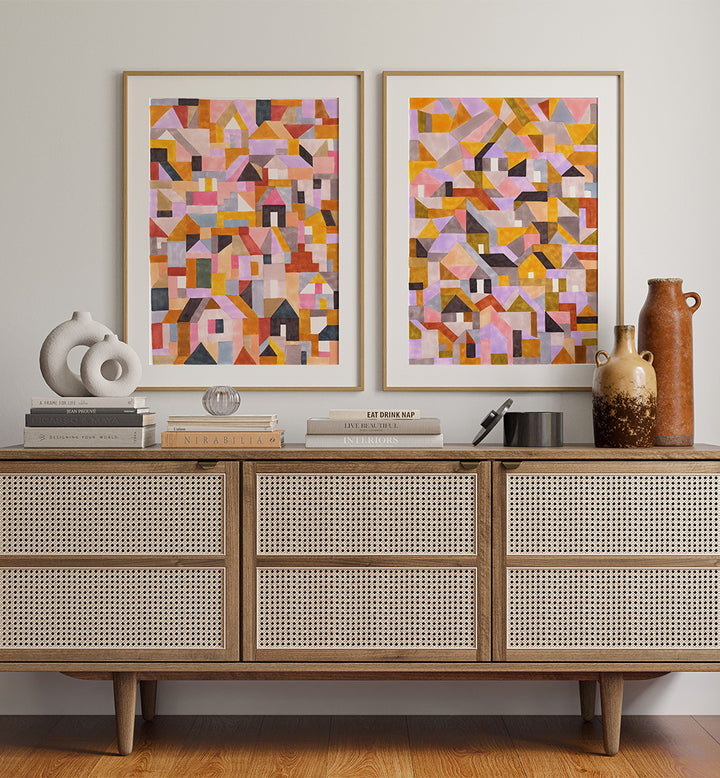 COLOURFUL RETRO GEO ABSTRACT , SET OF 2 PAINTINGS