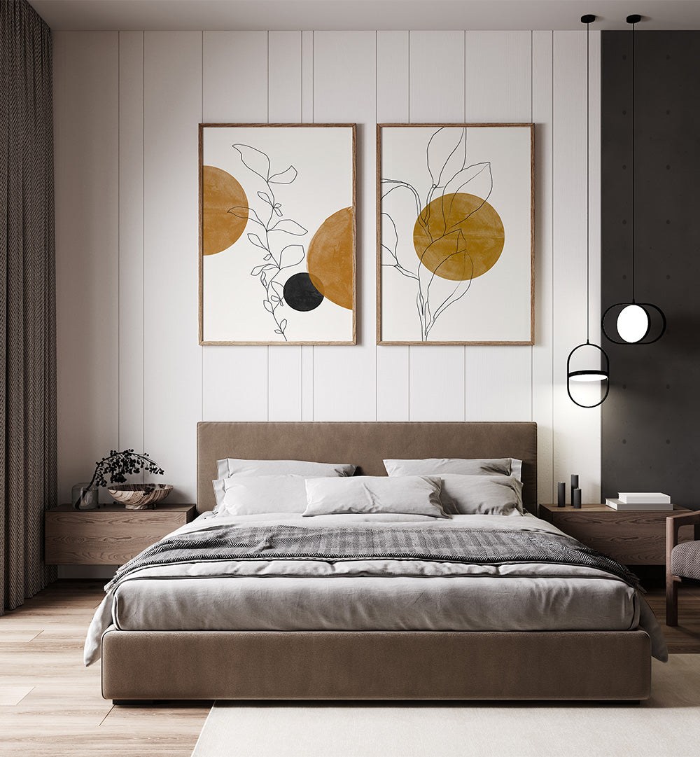 Modern bedroom with a bed, nightstands, and abstract wall art.