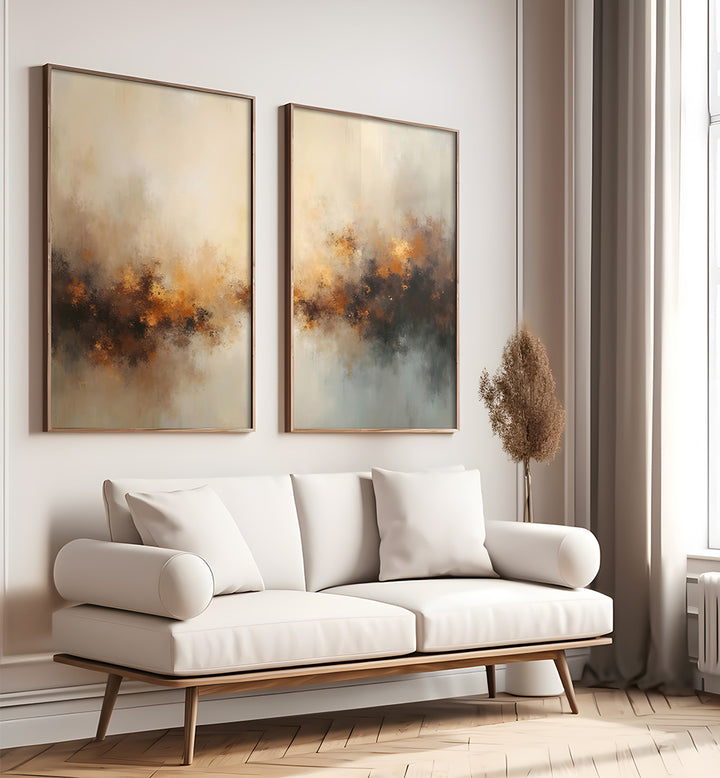 White sofa in a room with abstract wall art and a radiator.