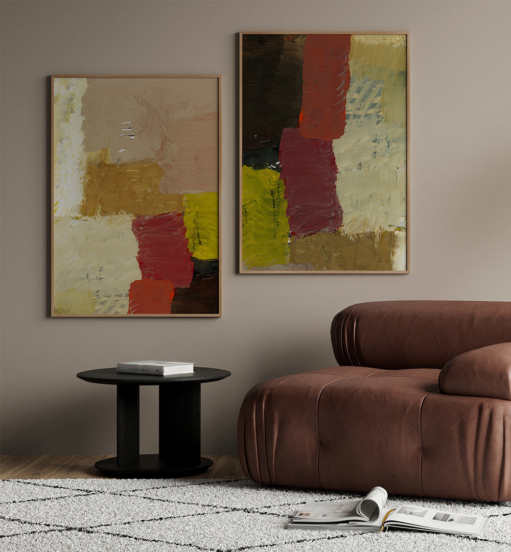 Modern living room with abstract art on the wall and a brown sofa.