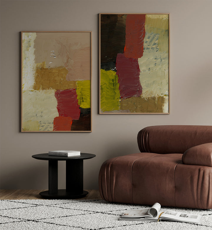 Modern living room with abstract art on the wall and a brown sofa.