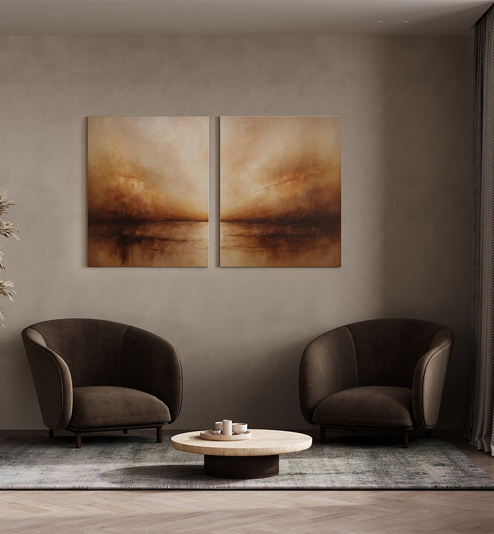 Two dark brown armchairs in a living room with abstract art on the wall.