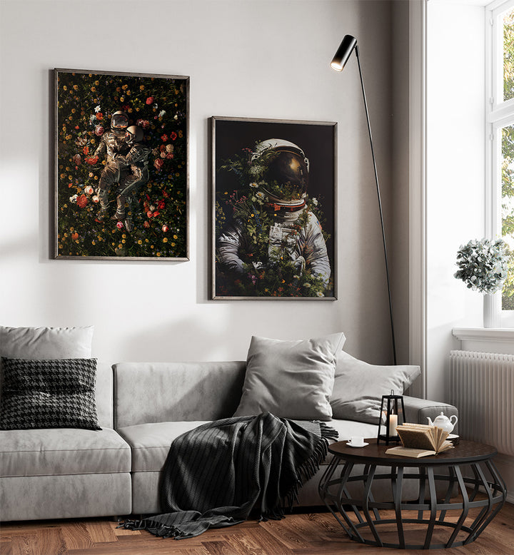 Living room with a gray sofa, coffee table, and wall art of an astronaut among flowers.