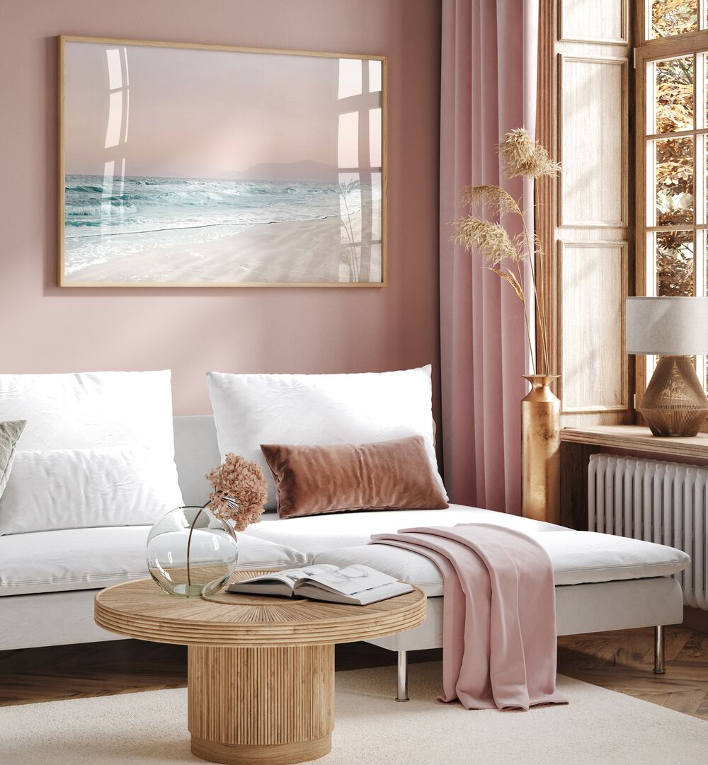 Stylish living room featuring BEACH VIBES VI, BEACH PAINTINGS, evoking serene coastal aesthetics and tranquility.