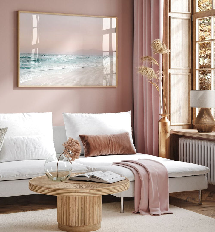 Stylish living room featuring BEACH VIBES VI, BEACH PAINTINGS, evoking serene coastal aesthetics and tranquility.