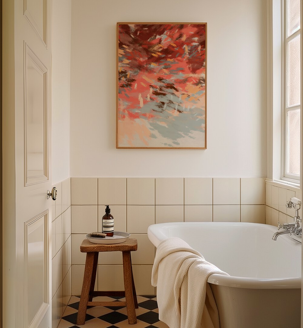 Elegant bathroom featuring AUTUMN SHADOWS III, ABSTRACT PAINTINGS, showcasing vibrant fall hues and intricate patterns.