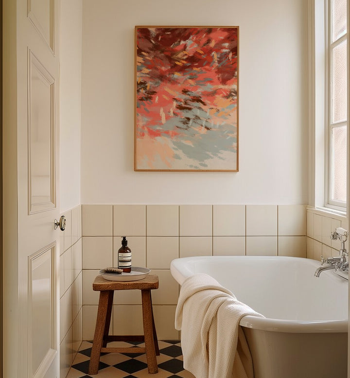 Elegant bathroom featuring AUTUMN SHADOWS III, ABSTRACT PAINTINGS, showcasing vibrant fall hues and intricate patterns.