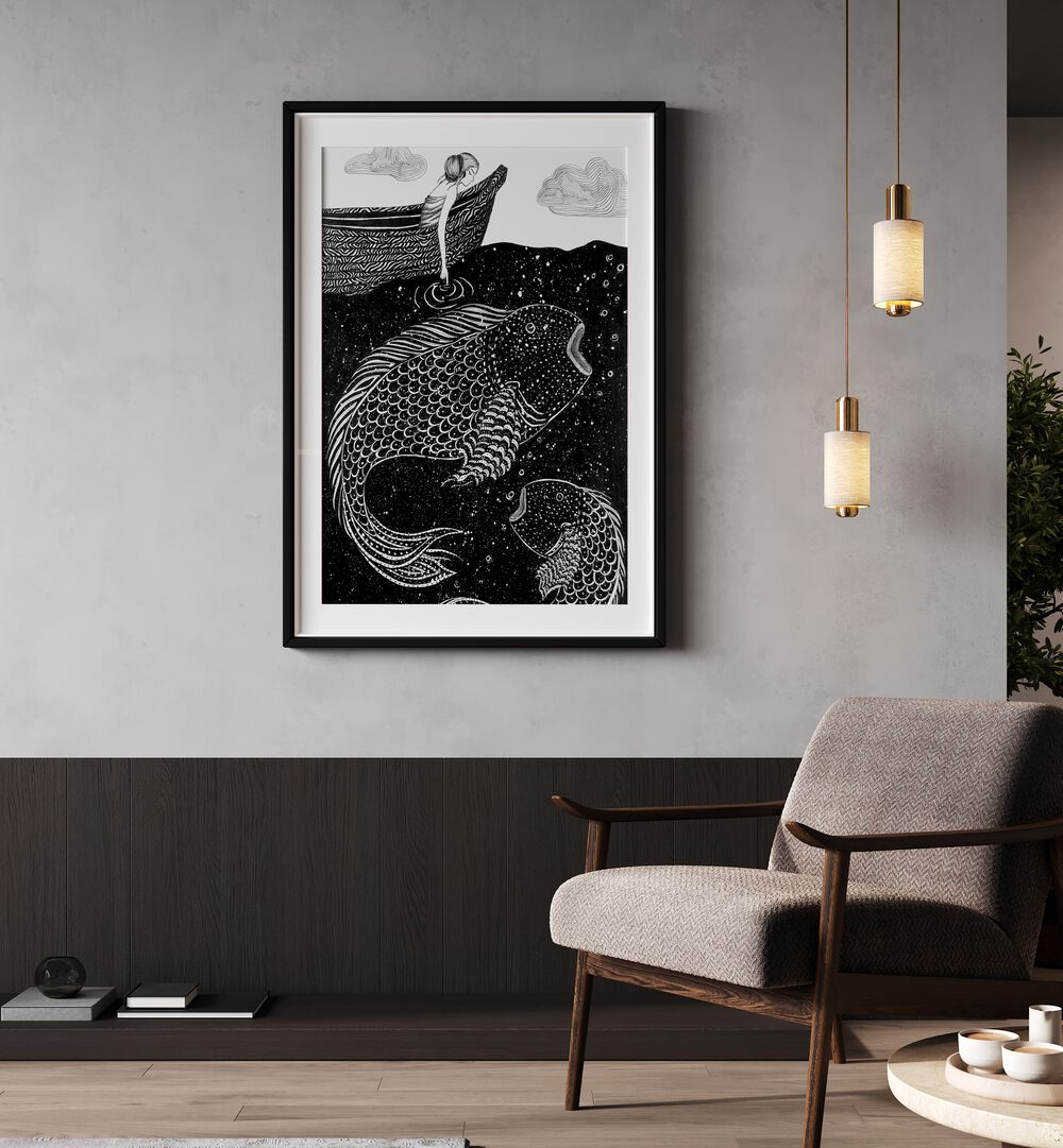 Elegant decor featuring THE SHIMMERING SEA LIGHTS WALL , ANIMAL PAINTINGS, enhancing any coastal-themed room.