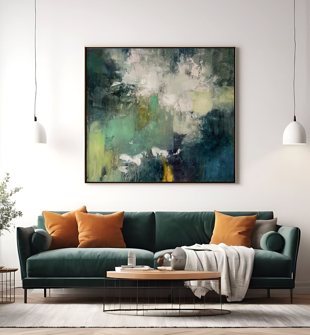 ECHO FOREST, ABSTRACT PAINTINGS enhances your space with nature-inspired beauty in a modern living room setting.