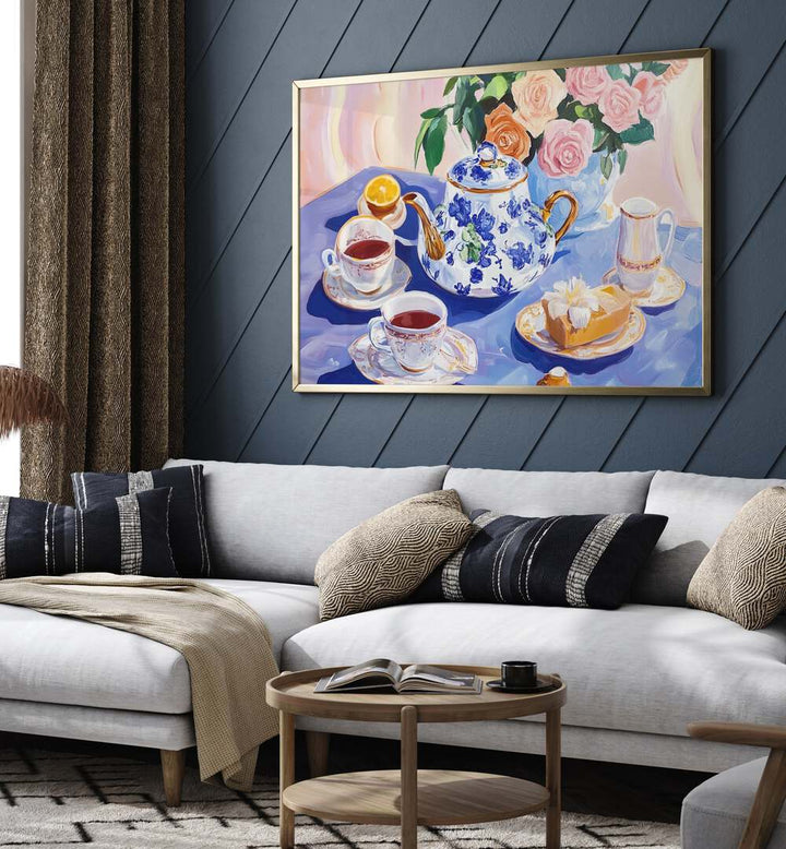 Elegant AFTERNOON TEA TABLE, KITCHEN POSTERS showcase a beautifully arranged tea set and flowers for stylish gatherings.