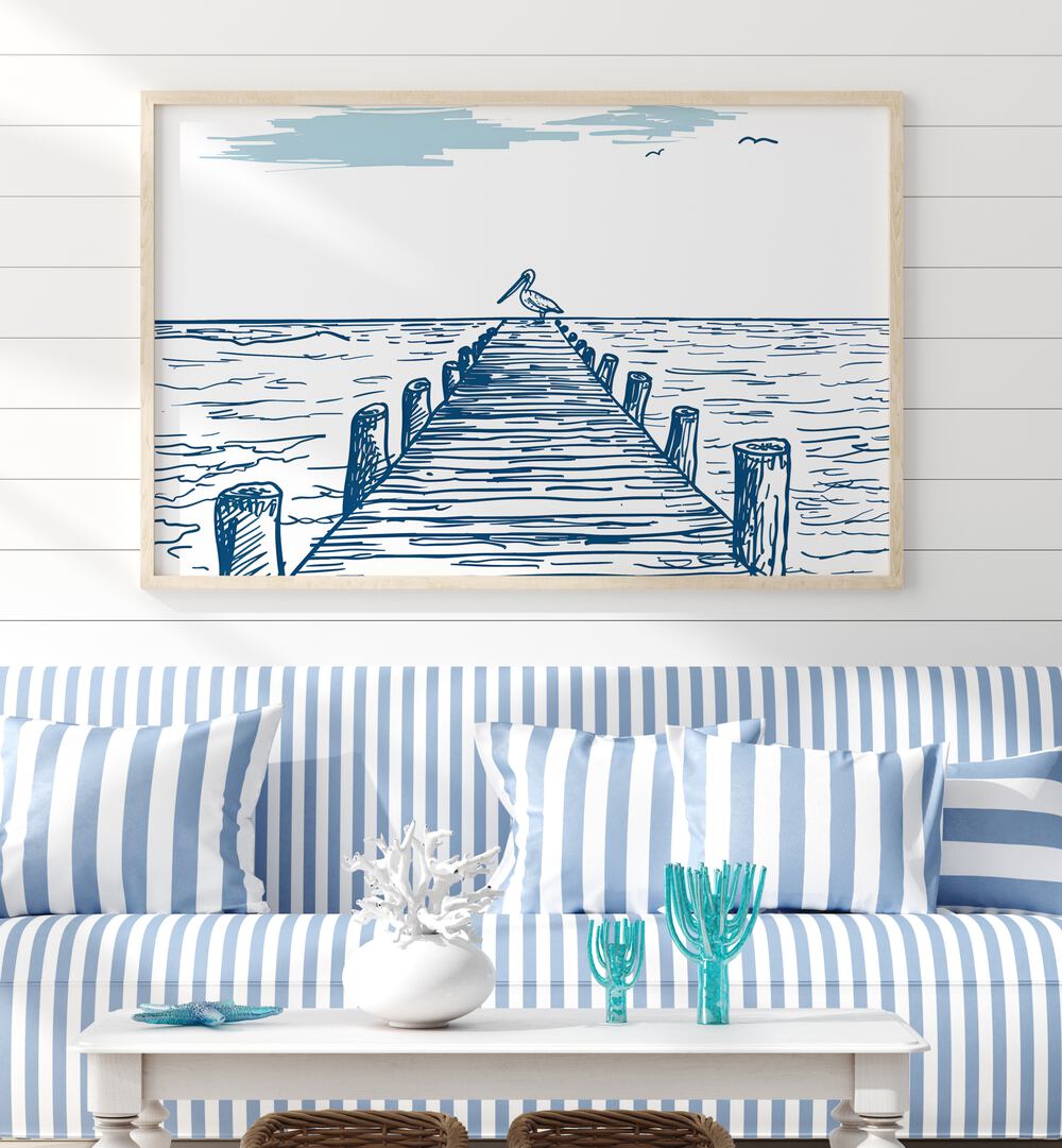 Elegant PELICAN PIER, BEACH PAINTINGS elevate your space with serene coastal charm and relaxation. Perfect for any decor.