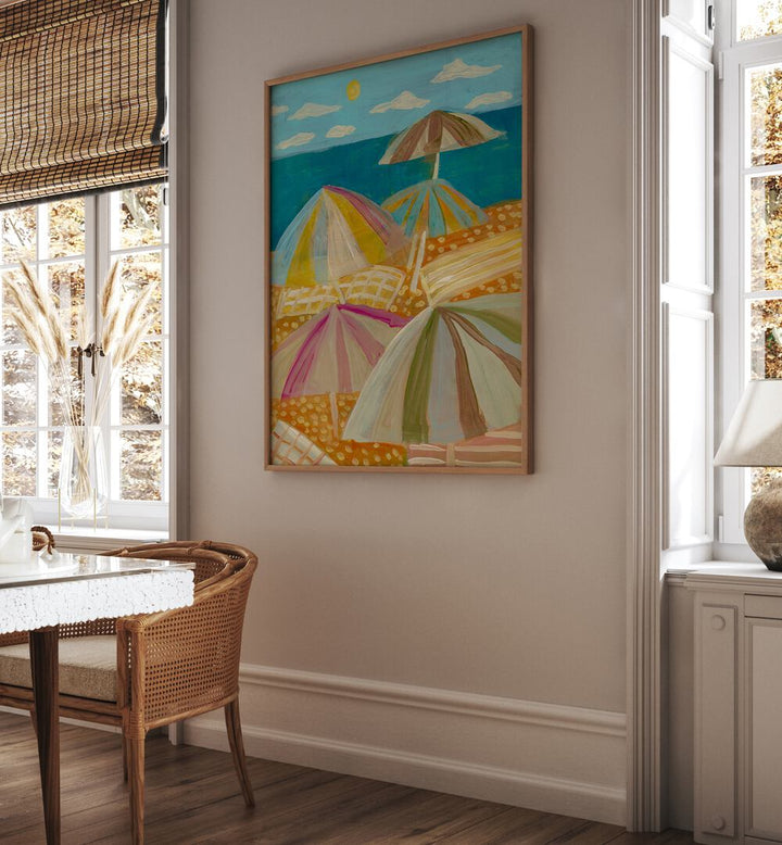 Vibrant BEACH UMBRELLAS in stunning BEACH PAINTINGS, perfect for coastal living decor by Eleanor Baker.
