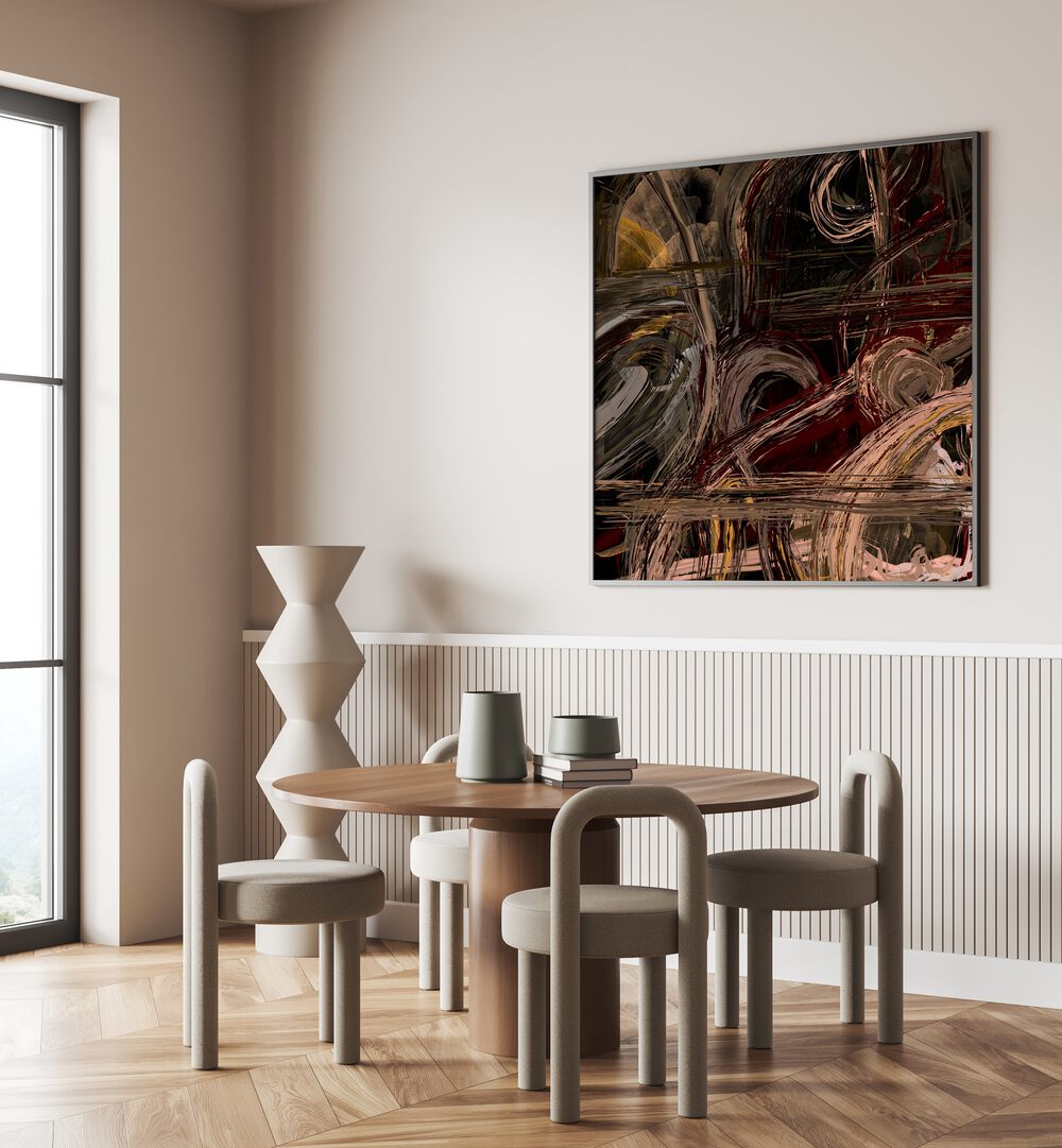 Elegant interior featuring BRUT, ABSTRACT PAINTINGS that capture strength and sophistication in modern decor.