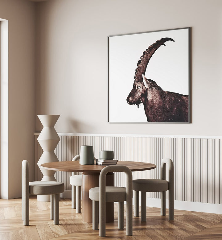 Elegant Capricorn in Snow animal painting adorns a stylish room, showcasing wildlife beauty in stunning decor.