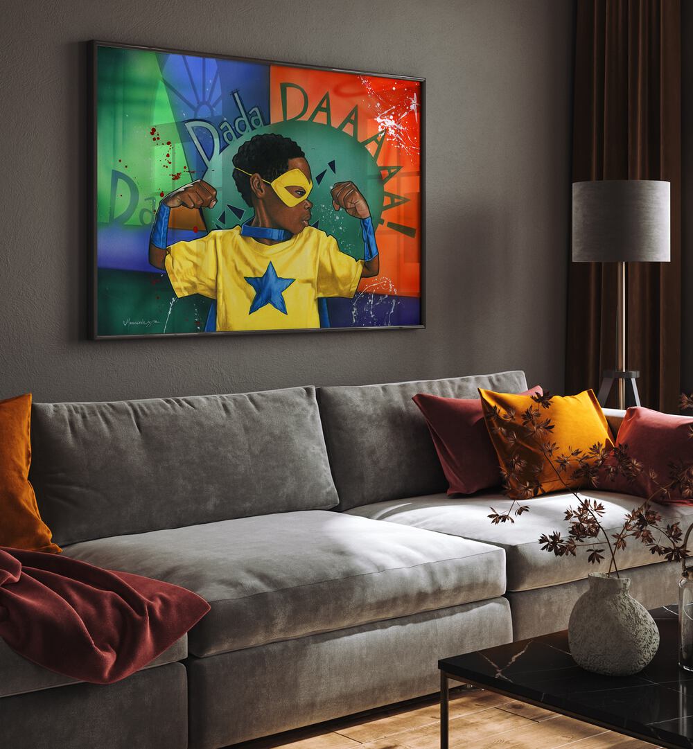 Vibrant DADADDAAA, AFRICAN ART PAINTINGS featuring a superhero child, perfect for modern home decor.