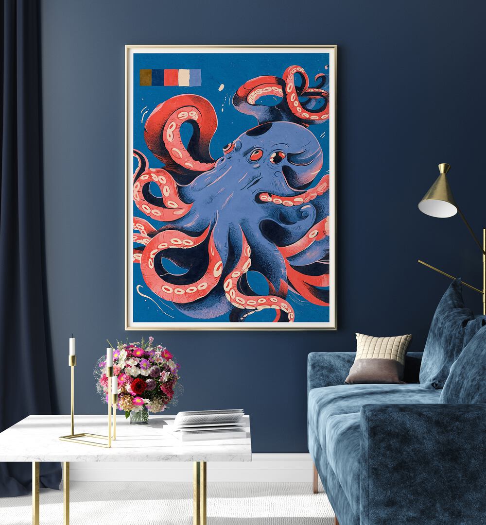 Vibrant OCTOPUS, BEACH PAINTINGS adorn a stylish living room, blending marine charm with soothing beach colors.