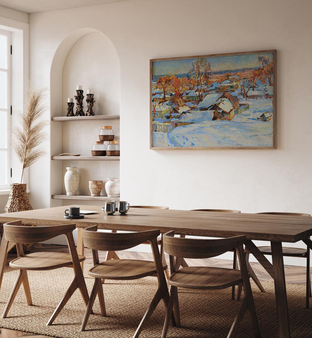 Cozy dining area featuring elegant WINTER, LANDSCAPE PAINTINGS that enhance your home's winter aesthetic.