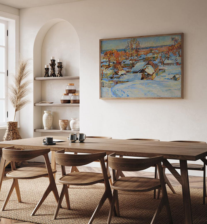Cozy dining area featuring elegant WINTER, LANDSCAPE PAINTINGS that enhance your home's winter aesthetic.
