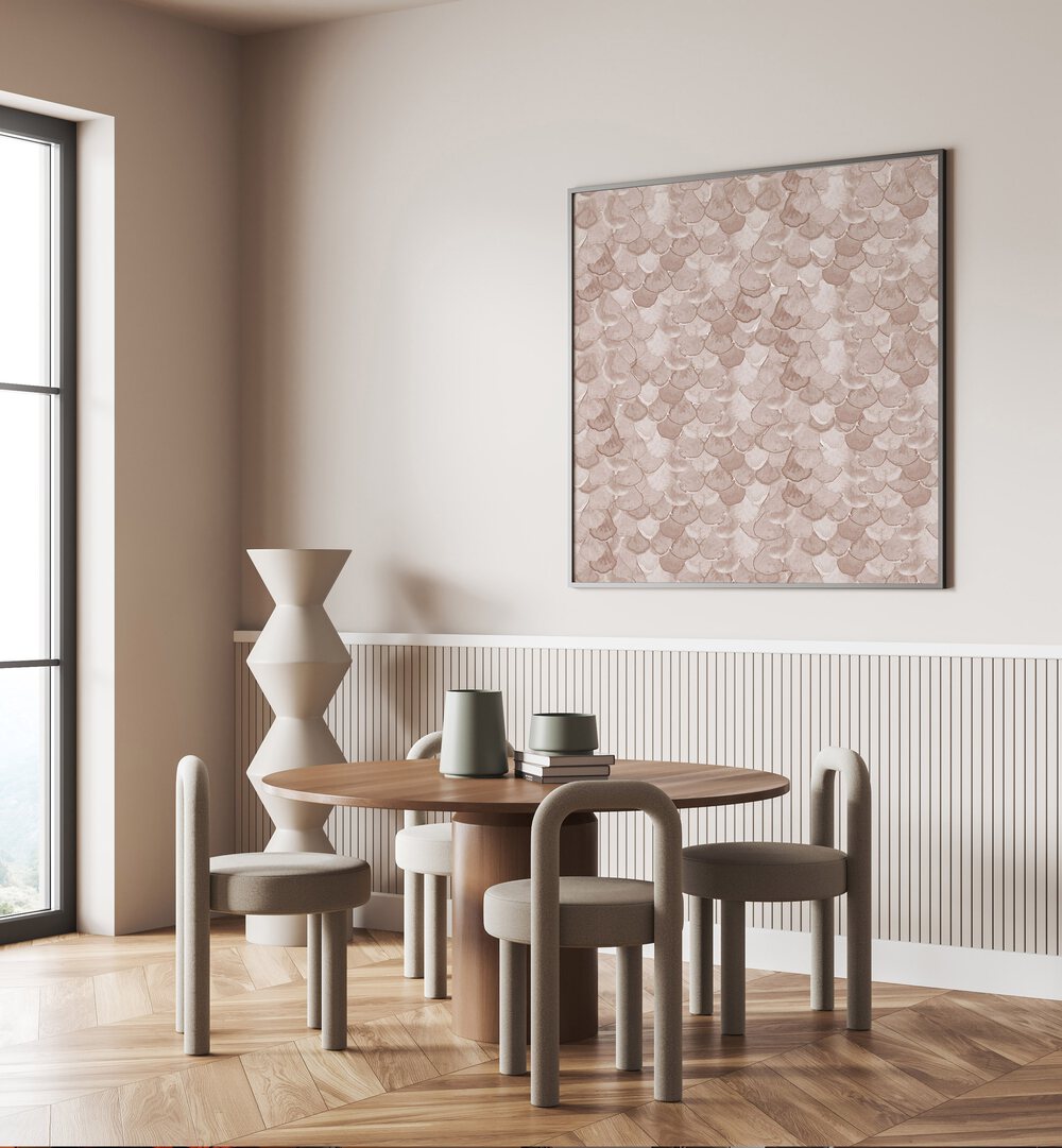 Stylish modern interior featuring ANIMAL PRINT XVI, ABSTRACT PAINTINGS as a centerpiece above the dining table.