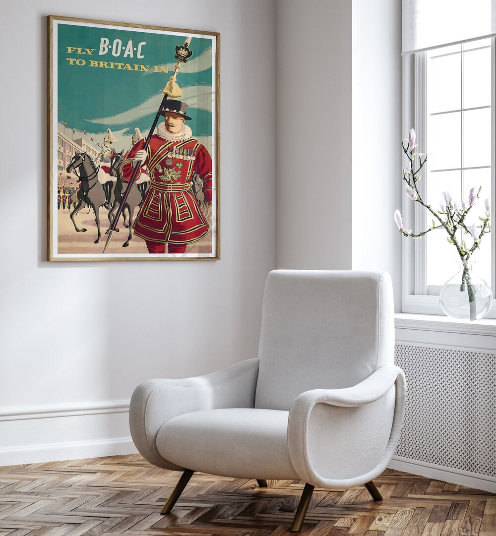 Classic BOAC poster promoting travel to Britain, showcasing vintage charm from our BRITAIN, VINTAGE TRAVEL POSTERS collection.