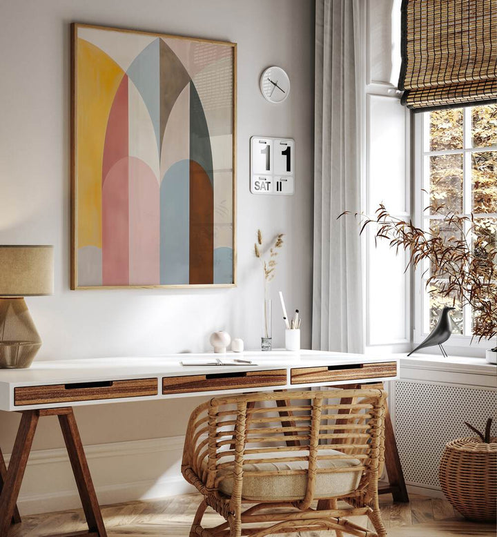 Stylish workspace featuring THE ARCH, GEOMETRIC ART PRINTS, enhancing the aesthetic with vibrant colors.