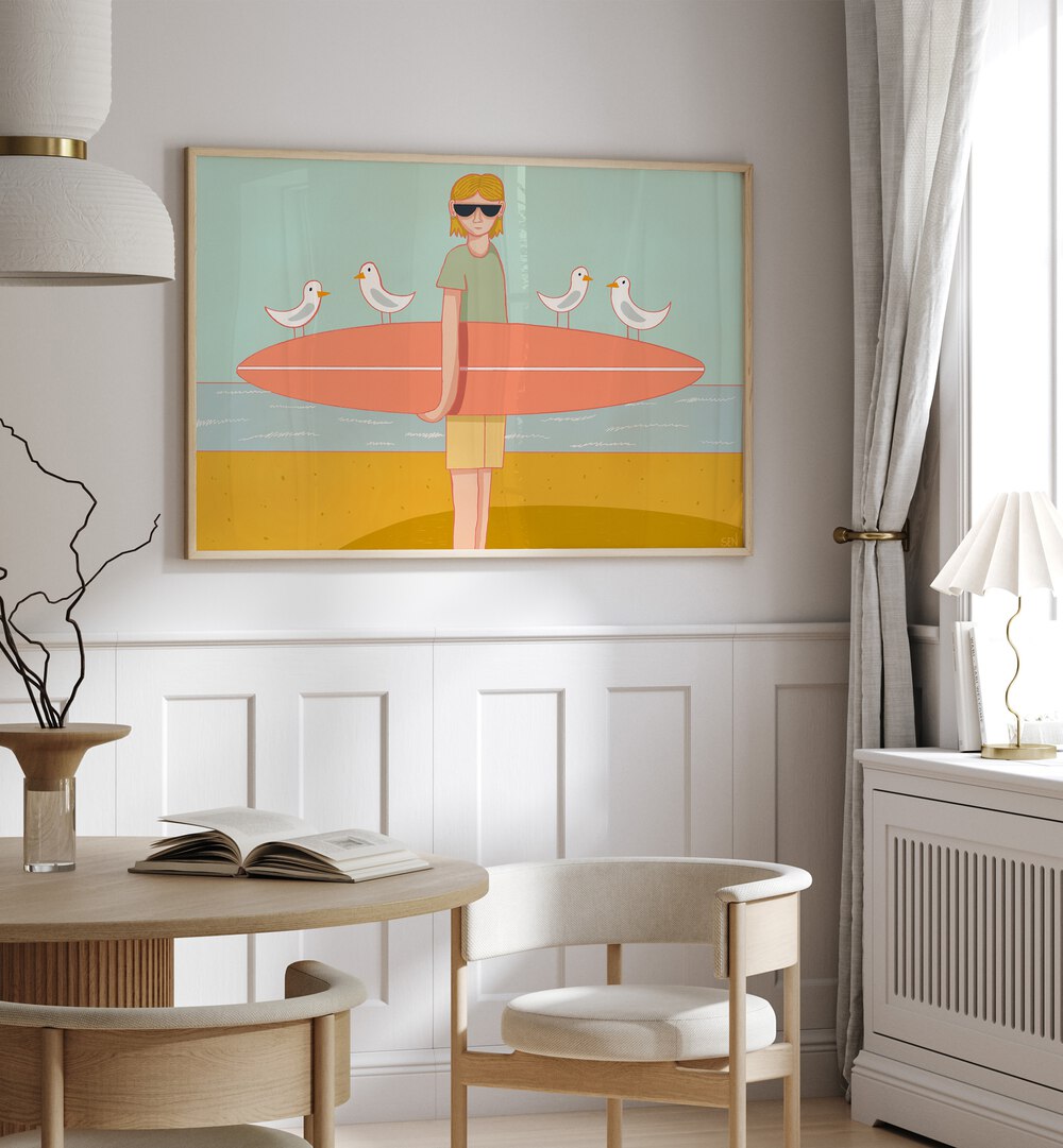 Charming SEAGULL SURF CREW, BEACH PAINTINGS brighten any space with vibrant coastal and surf culture aesthetics.
