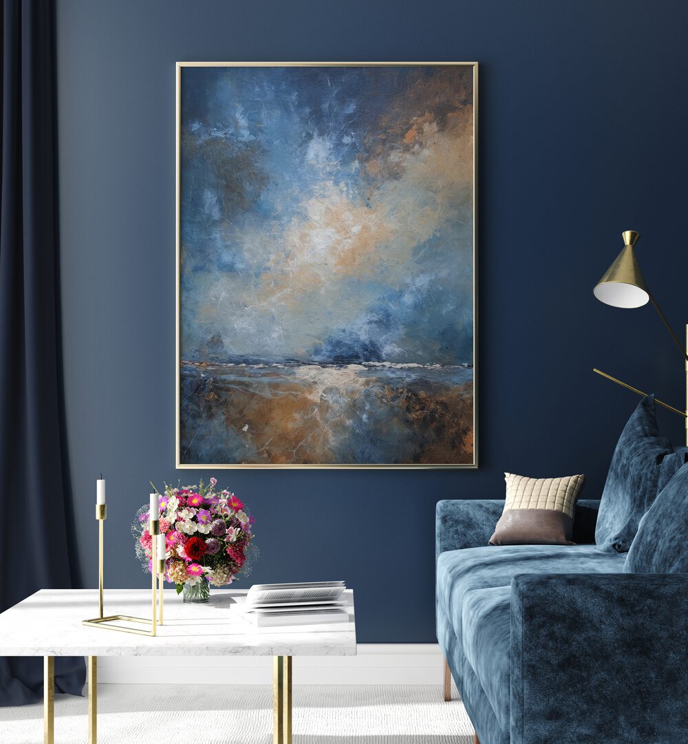 Elevate your space with DRAMATIC SKY, ABSTRACT PAINTINGS showcasing serene ocean hues and vibrant cloud textures.