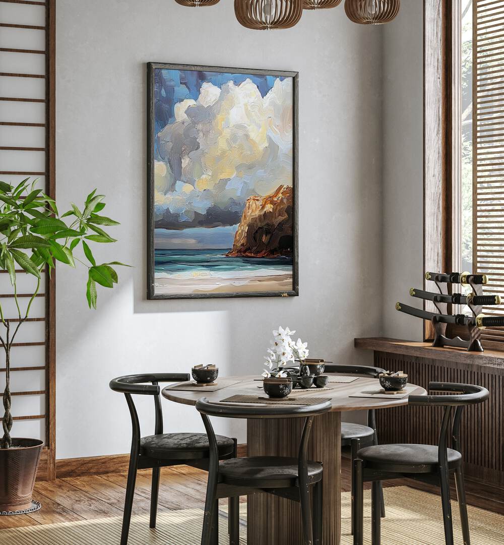CLOUDY DAY AT THE BEACH II artwork enhances home décor with its serene coastal landscape and tranquil charm.