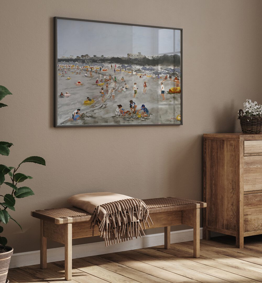 A vibrant BEACH STORY with sunbathers and children enjoying the sand, perfect for BEACH PAINTINGS decor.