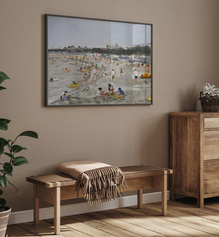 A vibrant BEACH STORY with sunbathers and children enjoying the sand, perfect for BEACH PAINTINGS decor.