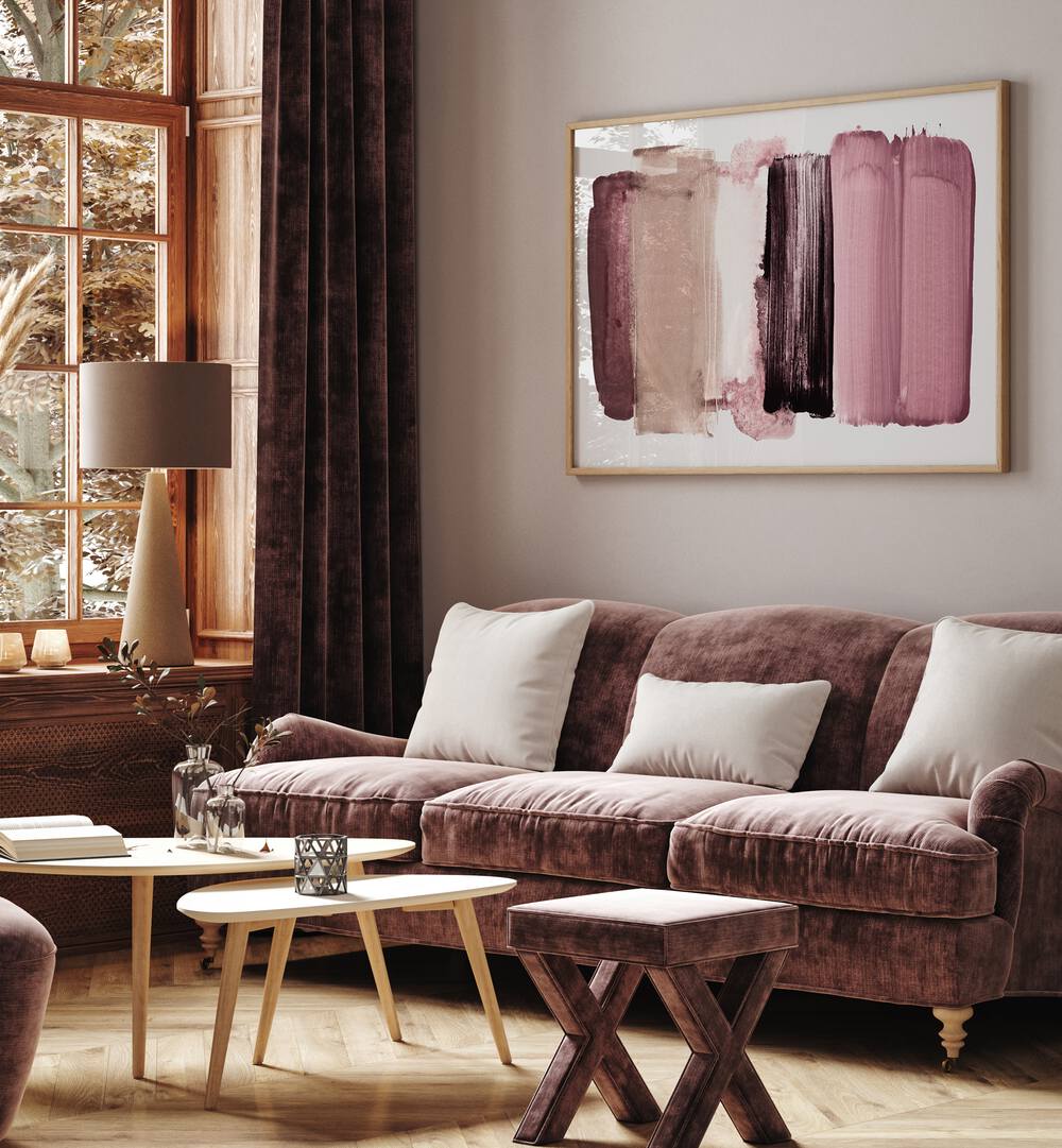 Stylish living room featuring MINIMALISM XXI, ABSTRACT PAINTINGS, showcasing modern aesthetic simplicity and vibrant colors.
