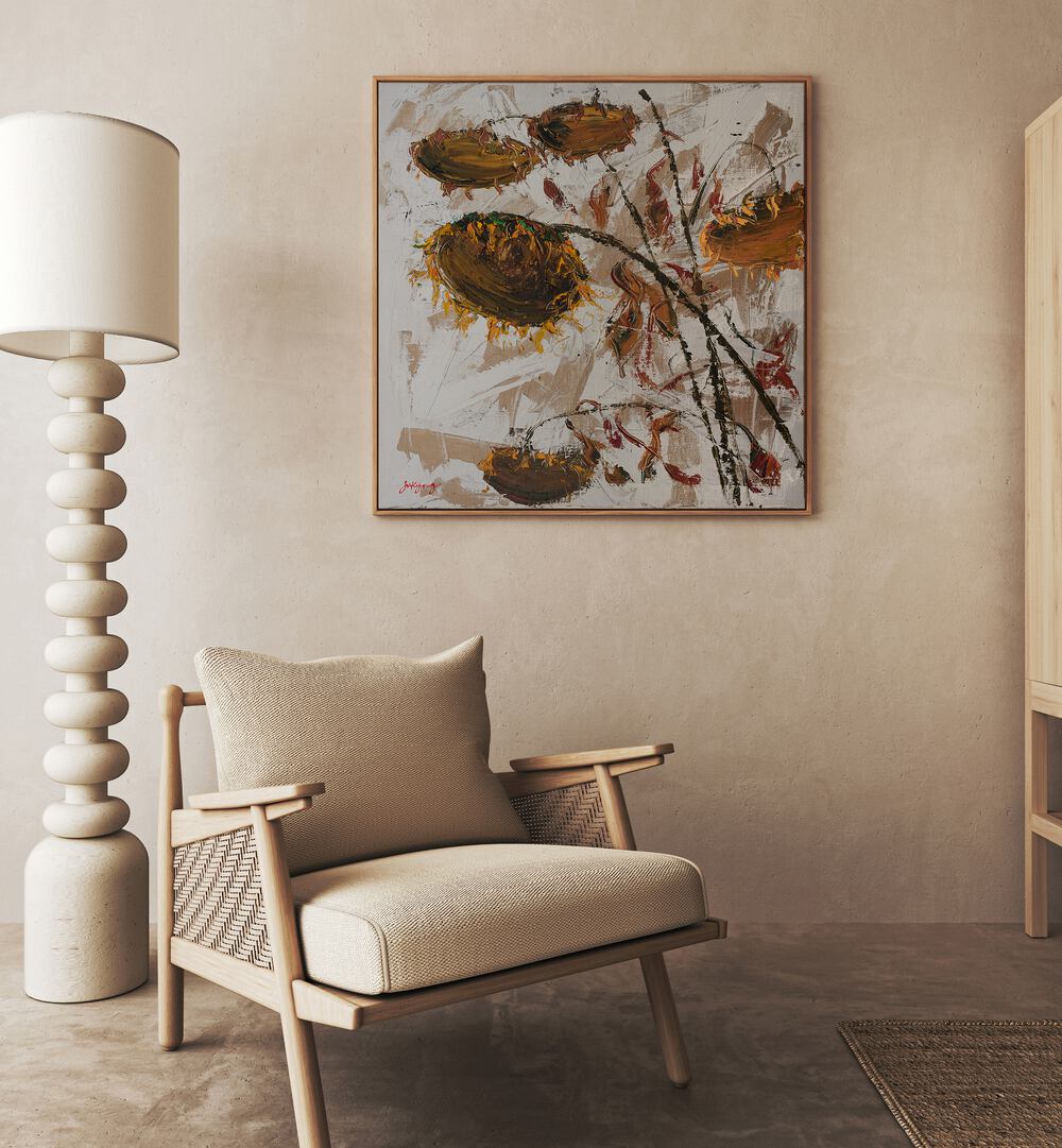 Stylish SUN FLOWER CANVAS II, FLORAL FLOWER PAINTINGS enhancing modern decor in a cozy living space.