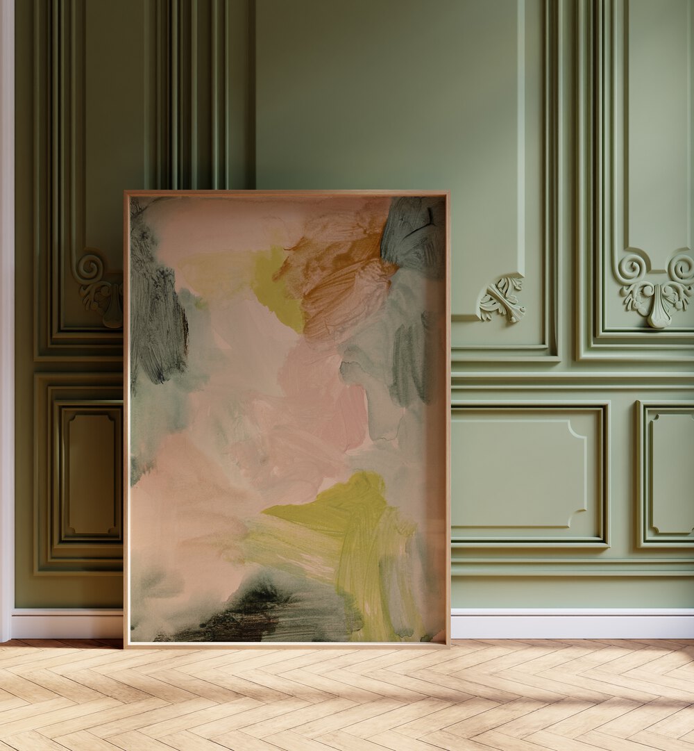 Colorful abstract painting titled "UNDER THE TREES , ABSTRACT PAINTINGS," enhancing any stylish interior space.