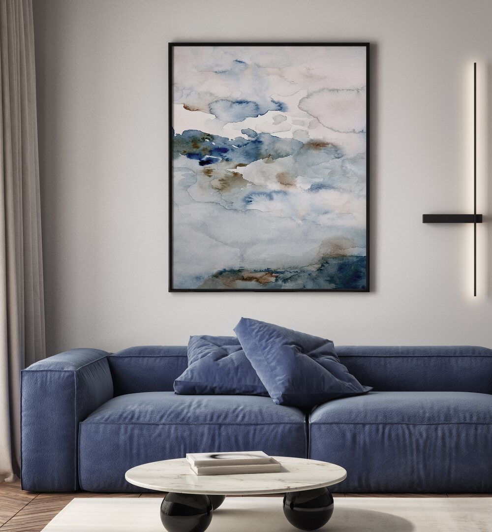 Serene living room featuring "UP IN THE CLOUDS III, ABSTRACT PAINTINGS" in calming blues and soft neutrals.