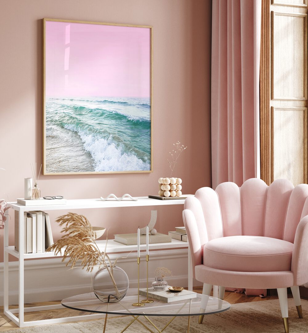 Vibrant PINK SKY BEACH painting enhances the stylish decor, perfect for relaxation and beach lovers.
