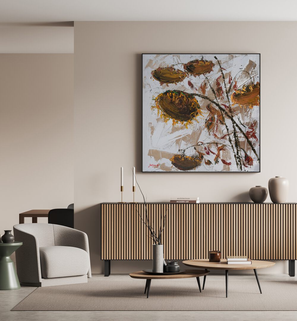 Stylish living room featuring SUN FLOWER CANVAS II, FLORAL FLOWER PAINTINGS, adding warmth and elegance to the decor.