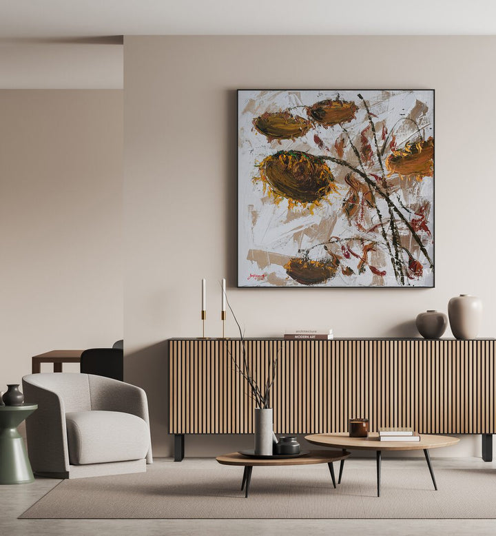 Stylish living room featuring SUN FLOWER CANVAS II, FLORAL FLOWER PAINTINGS, adding warmth and elegance to the decor.