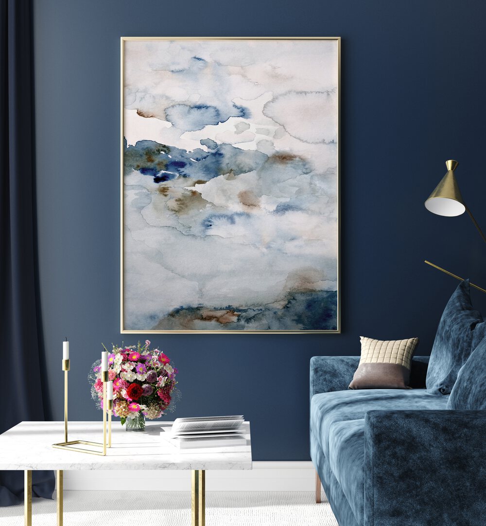 Elegant living room featuring "UP IN THE CLOUDS III, ABSTRACT PAINTINGS" framed art with a serene palette.