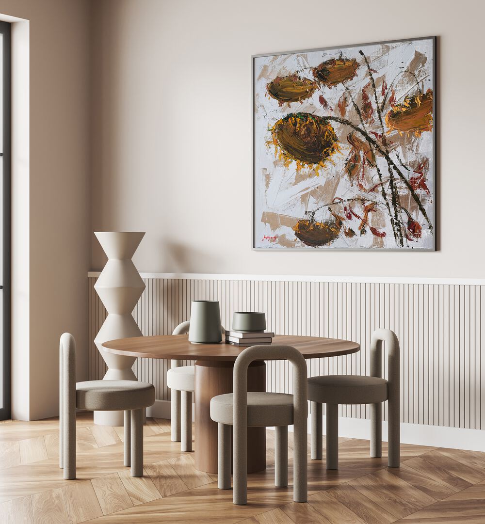 Stylish interior featuring SUN FLOWER CANVAS II, FLORAL FLOWER PAINTINGS, enhancing the modern dining space.