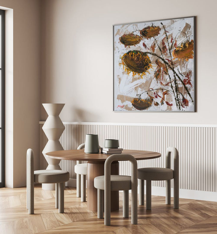 Stylish interior featuring SUN FLOWER CANVAS II, FLORAL FLOWER PAINTINGS, enhancing the modern dining space.