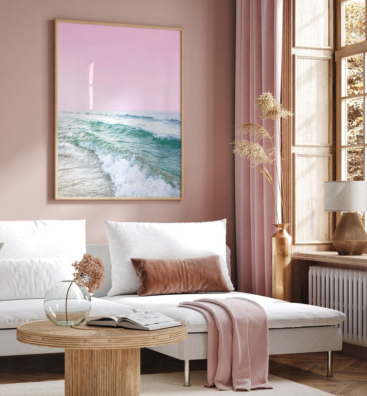 Elevate your space with PINK SKY BEACH, BEACH PAINTINGS, featuring serene waves and a vibrant pink sky.