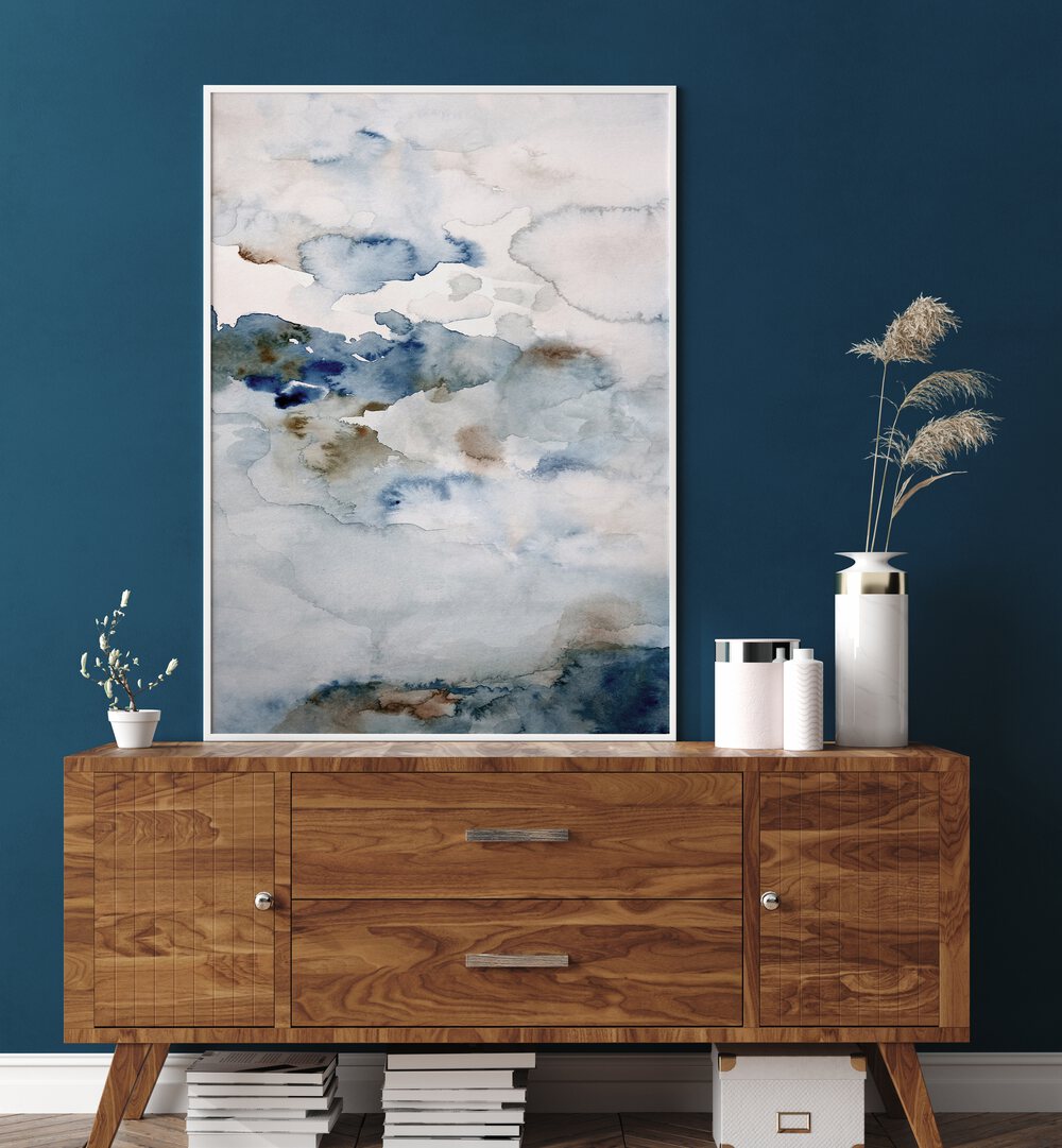 Stylish living room featuring UP IN THE CLOUDS III, ABSTRACT PAINTINGS, enhancing the modern decor with calming tones.