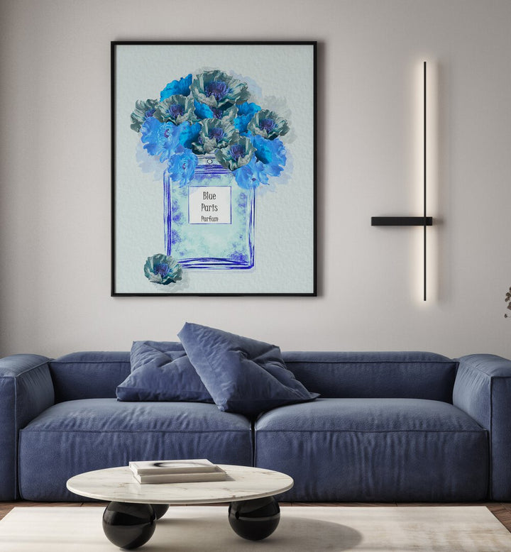Stylish BLUE PARIS PARFUM fashion poster featuring floral designs, perfect for luxury decor enthusiasts.