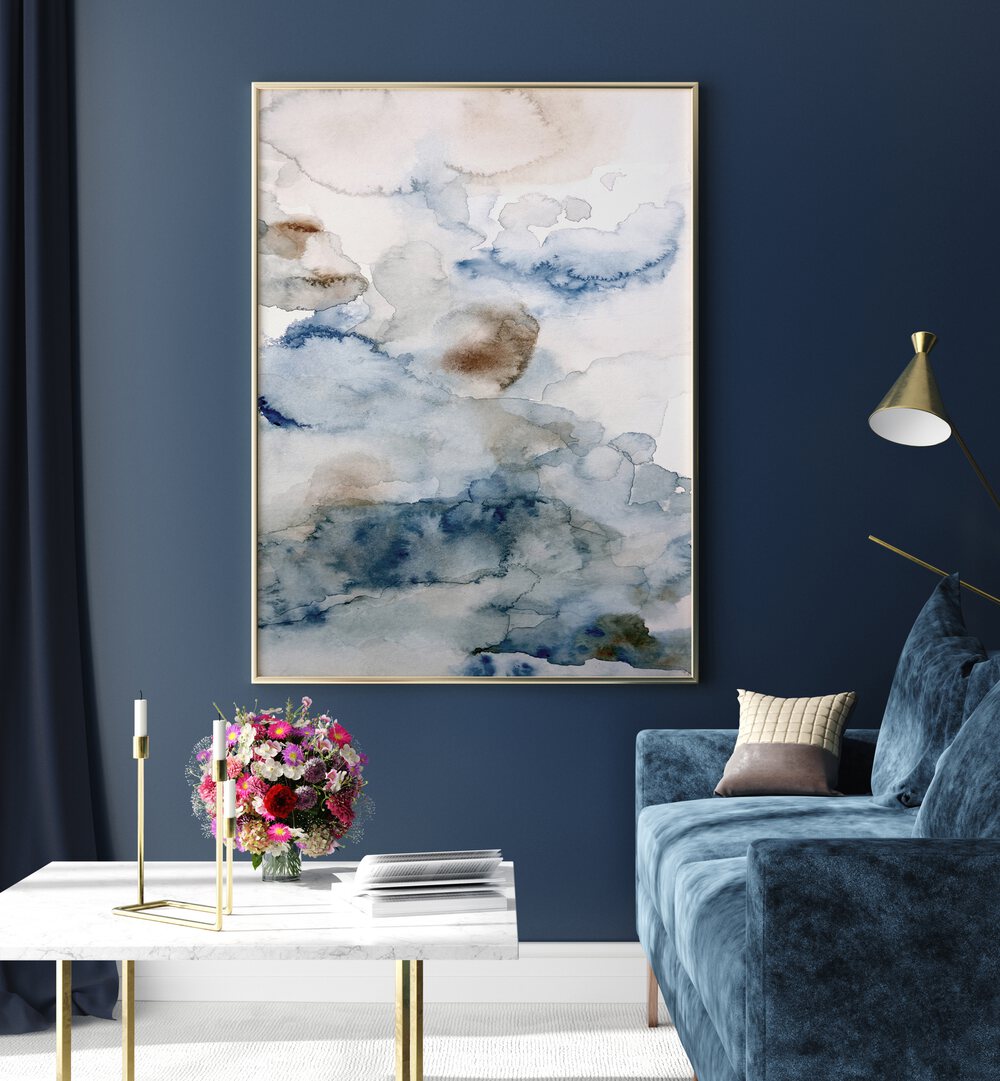 Elegant "UP IN THE CLOUDS IV, ABSTRACT PAINTINGS" artwork enhances modern decor with soothing blue hues and textures.