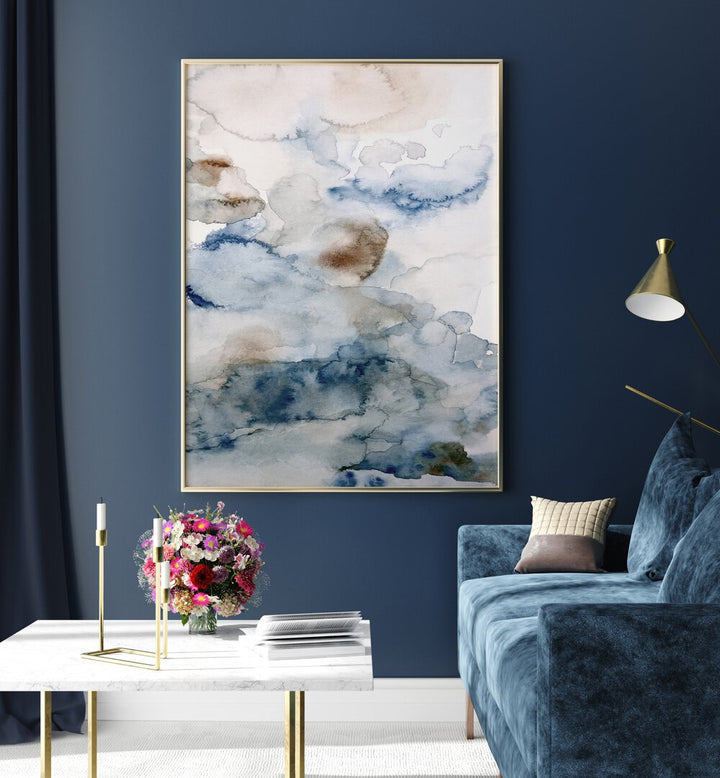 Elegant "UP IN THE CLOUDS IV, ABSTRACT PAINTINGS" artwork enhances modern decor with soothing blue hues and textures.